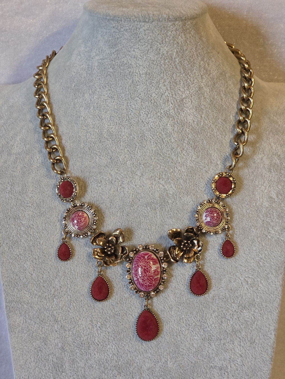 Gold-Tone Pink Statement Floral Pendant Necklace